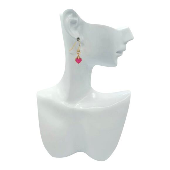 Dainty Dark Pink Heart Earrings | Small Gold Drop Jewelry - Picture 3 of 3